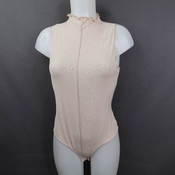 21 Saints Women Bodysuit Large Tan Sheer Stretch Minimalist Y2K Retro Clean Girl - Picture 1 of 12